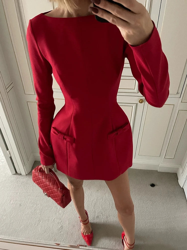 Double Bow Long Sleeve Mini Dress for Autumn Winter New High Waist Bodycon Club Party Dress