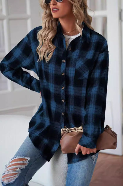 Boyfriend Fit Plaid Collared Blouse