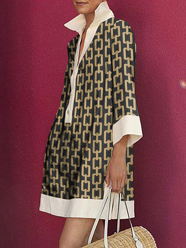 Long Sleeves Loose Printed Split-joint Lapel Mini Dresses Shirt Dress