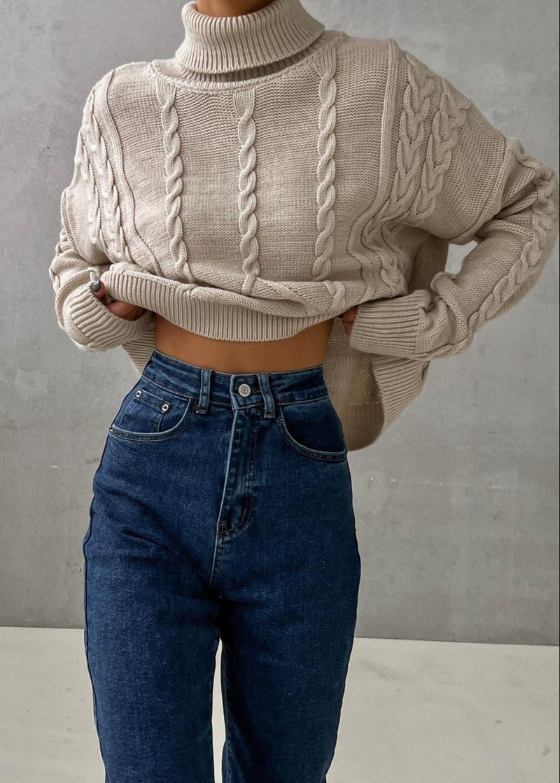 Cable Knit Cropped Turtleneck Sweater – ’s Chunky Knit Pullover
