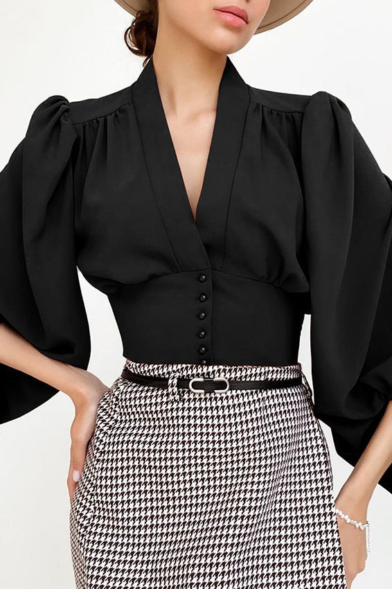 V Neck Lantern Sleeve Slim Blouse