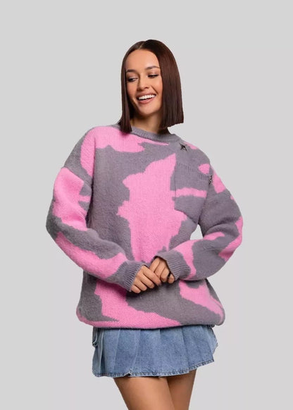 Color Block Contrast Round Neck Sweater - Soft Knit Style