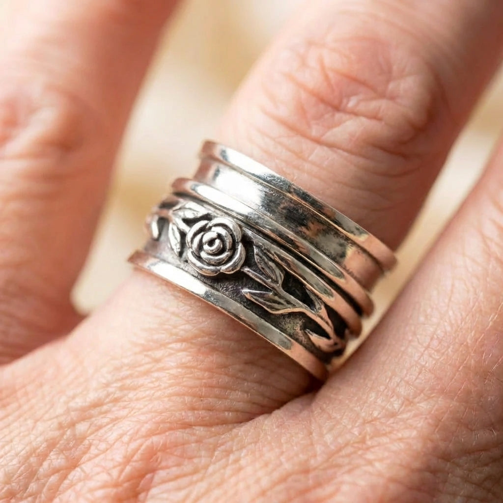 Silver Floral Engraved Statement Ring