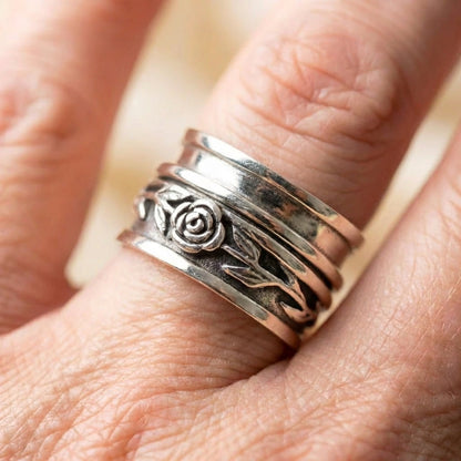 Silver Floral Engraved Statement Ring