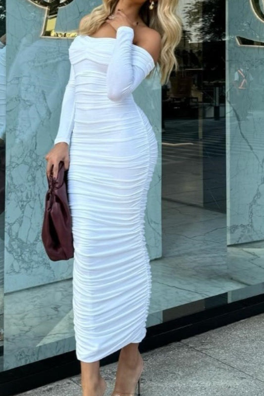 Color Off-shoulder Ruched Long Sleeve Maxi Dress