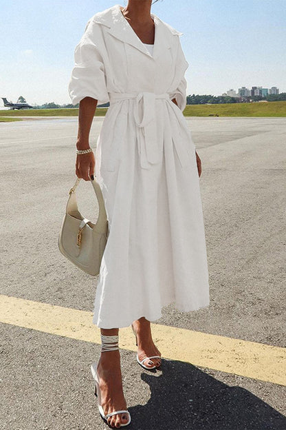 Color Lapel Long Sleeves Lace-up Waist Mid-length Coat