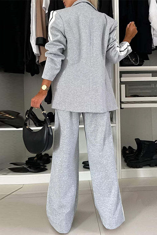 Moxidress Patchwork Notch Lapel Pocketed Blazer Elastic Waist Wide Leg Pants Set