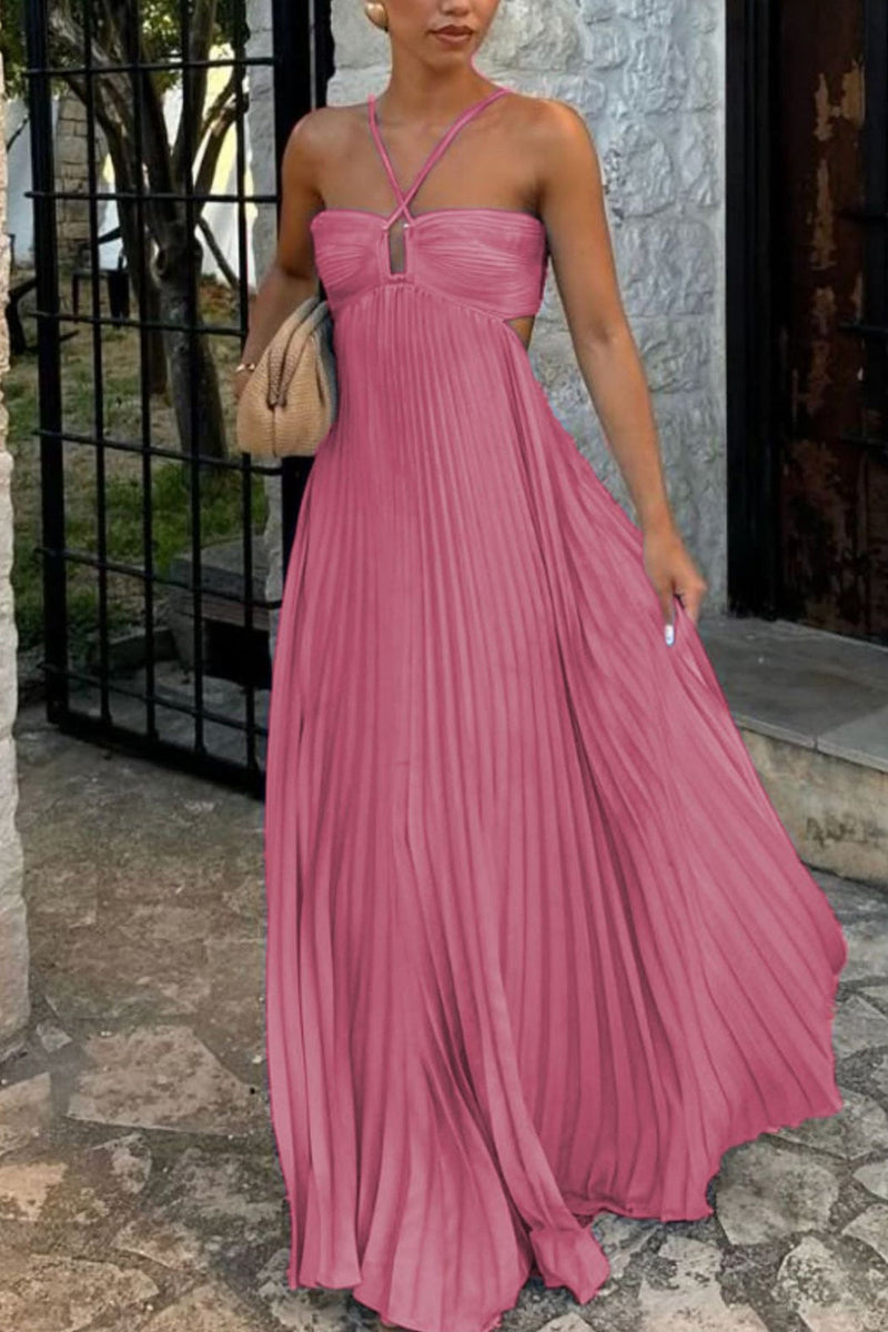 Halterneck Cutout Pleated Maxi Dress