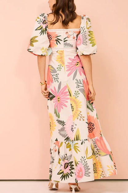 Moxidress Square Collar Puff Sleeves Print Cotton Linen Ruffle Maxi Dress