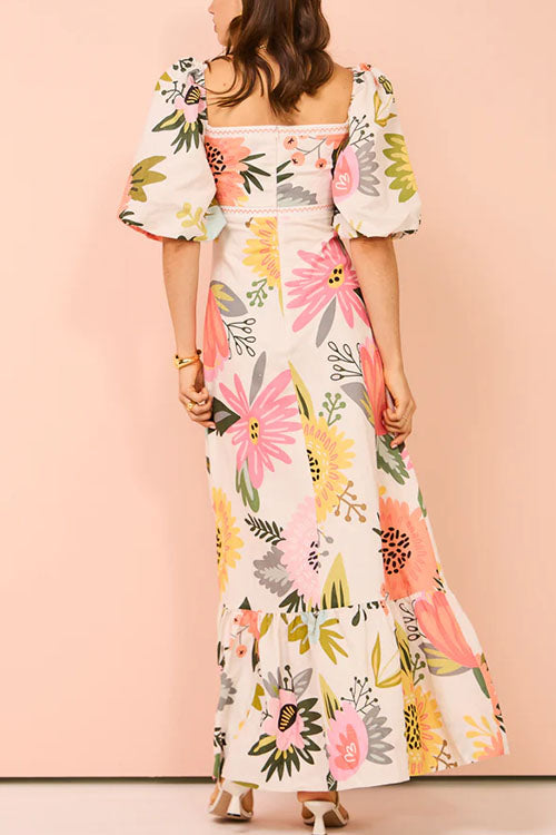 Moxidress Square Collar Puff Sleeves Print Cotton Linen Ruffle Maxi Dress