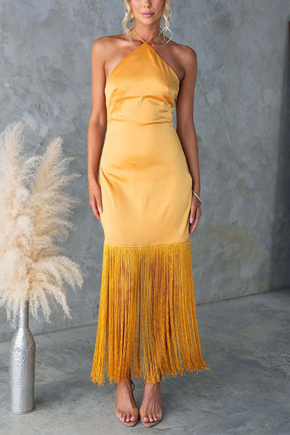 Moxidress Halter Neck Patchwork Fringe Hem Satin Maxi Dress