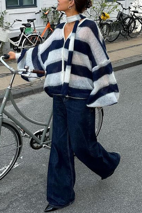 Lantern Sleeves Button Down Color Block Stripes Sweater With Scarf