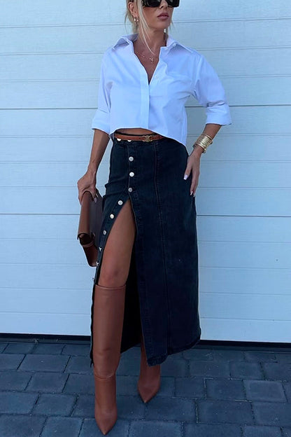 High Rise Button Down Slit Denim Skirt