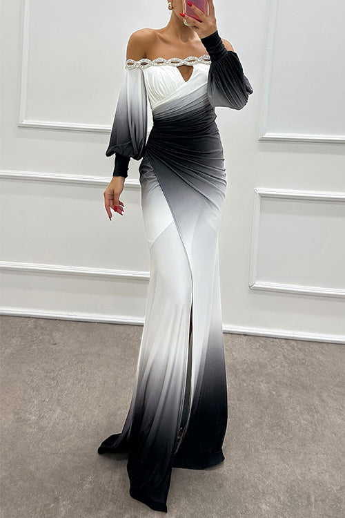 Off Shoulder Ruched Waist Gradient Tie Dye Wrap Maxi Dress
