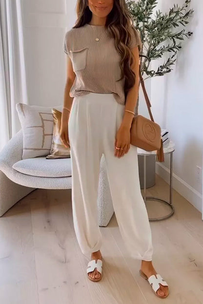Mockneck Short Sleeves Top Pocketed Harem Pants Knitting Set