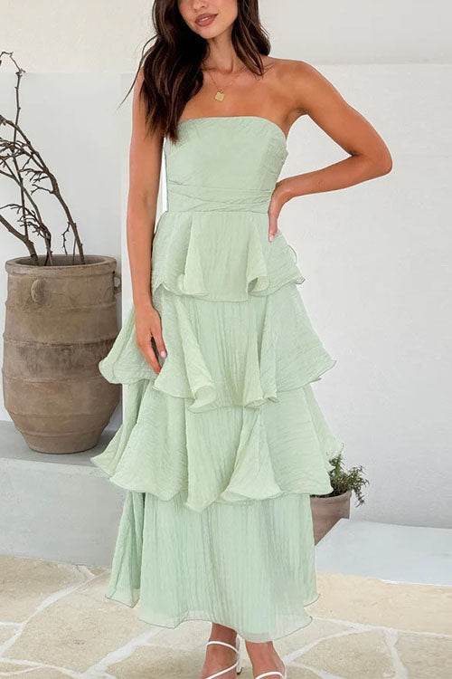 Strapless Empire Waist Ruffle Layered Maxi Dress