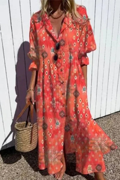 Ruched Button Down Balloon Sleeves Printed Maxi Dress