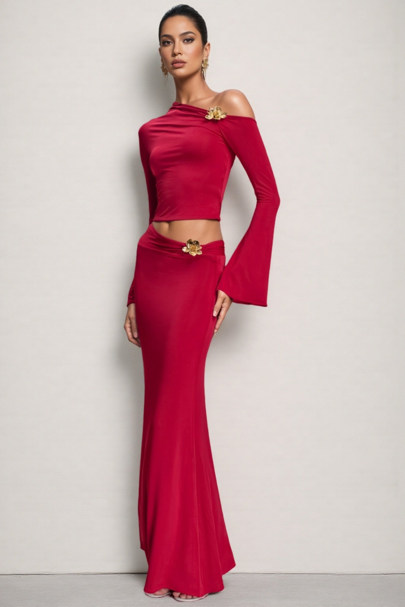 Aurod Slanted Collar 3d Flower Maxi Dress Set