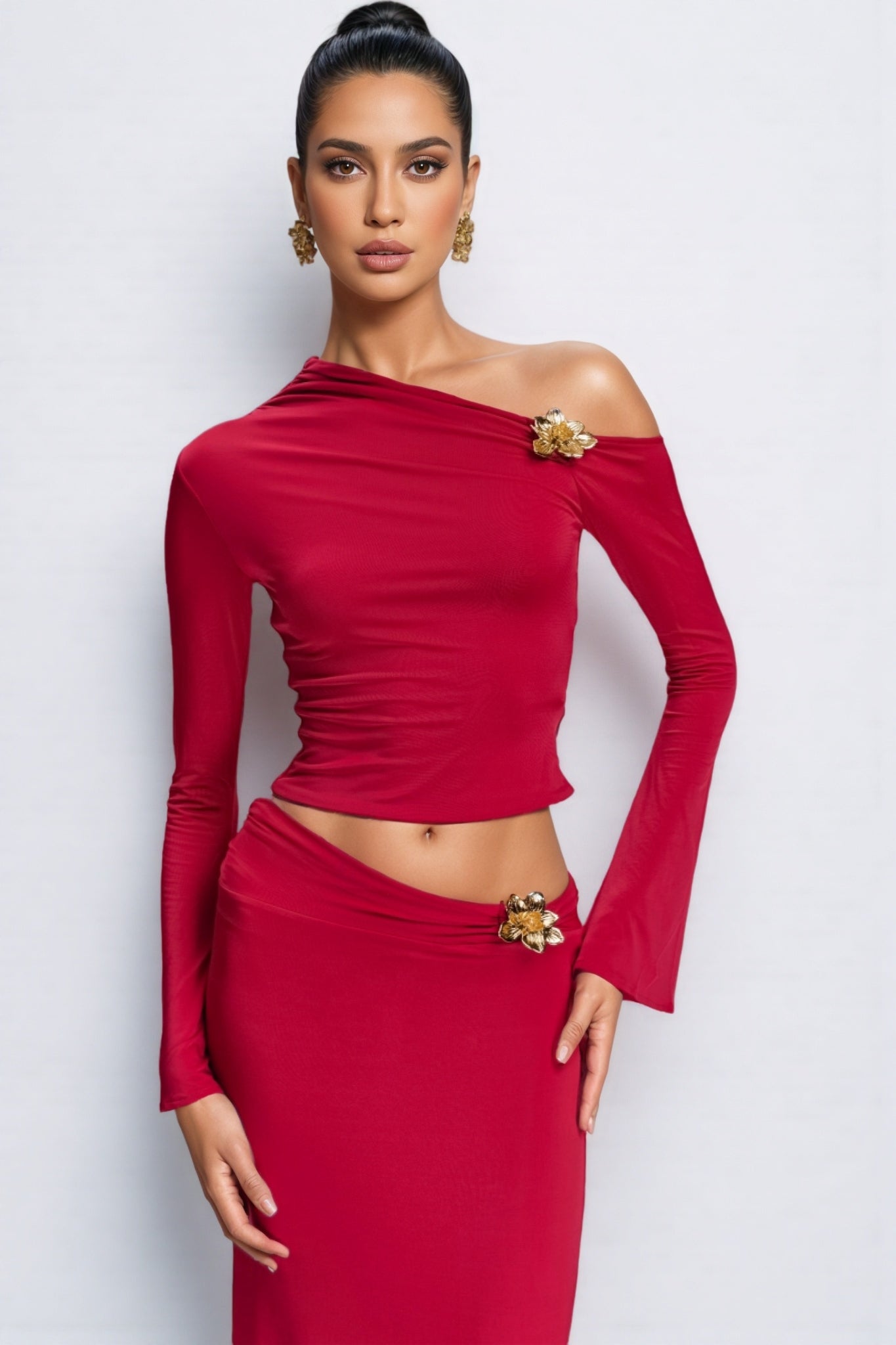 Aurod Slanted Collar 3d Flower Maxi Dress Set