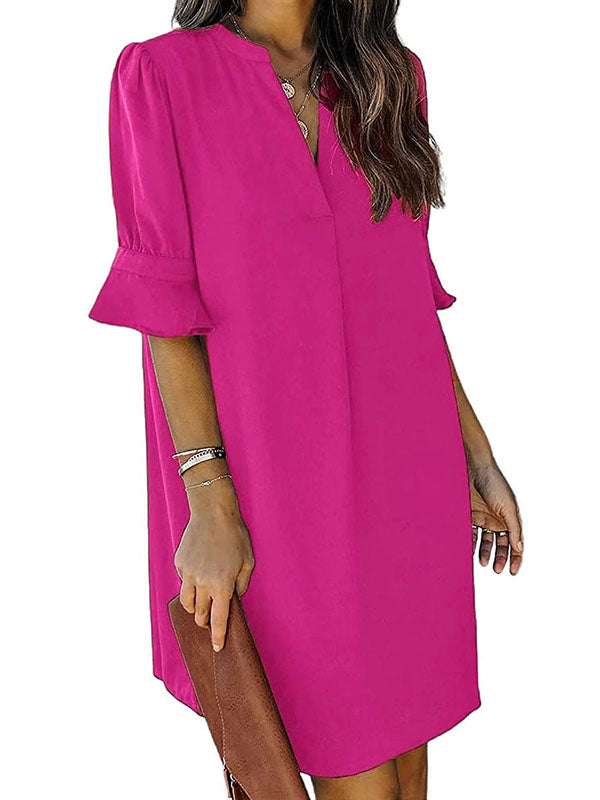 A-line Flared Sleeves Pleated Ruffled Color Split-joint V-neck Mini Dresses