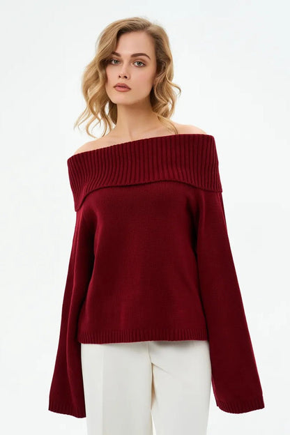 Color Off Shoulder Knitted Sweater