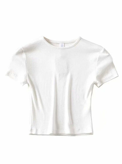 Summer Woman Slim Fit T-shirt Tight Cotton Short-sleeve O-neck Tee Crop Tops