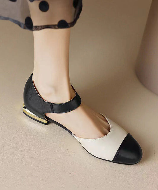 Faux Leather Flat Sandals Beige Splicing Buckle Strap
