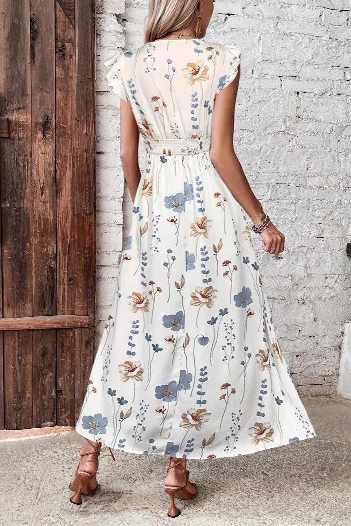 Lace-trim V-neck High Waist Slit Maxi Dress