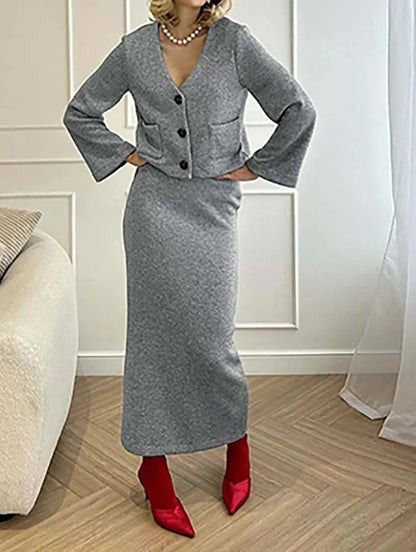 White Knitting V-neck Slim Skirt Office Two Piece Set