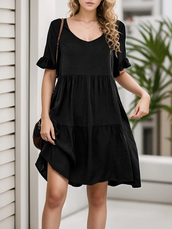 A-line Flared Sleeves Pleated Pockets Ruffled Color Split-joint Round-neck Mini Dresses