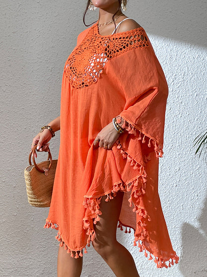 Batwing Sleeves Loose Hollow Color Sun Protection Tasseled Round-neck Cover-ups Tops Midi Dresses