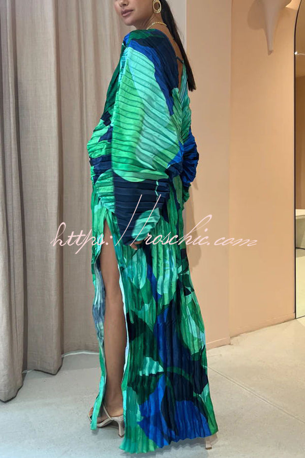 Tropical Oasis Capri Print Kimono Sleeve Pleated Cocoon Maxi Dress