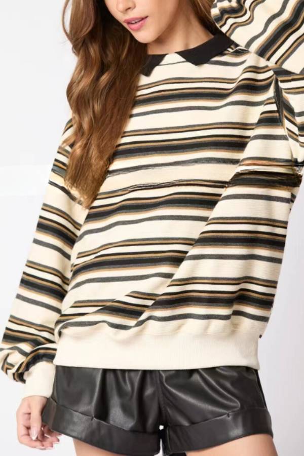 Striped Lapel Long-sleeved Top Loose Sweatshirt
