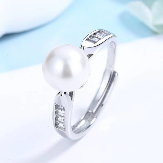 Elegant Crystal & Pearl Silver Open Ring
