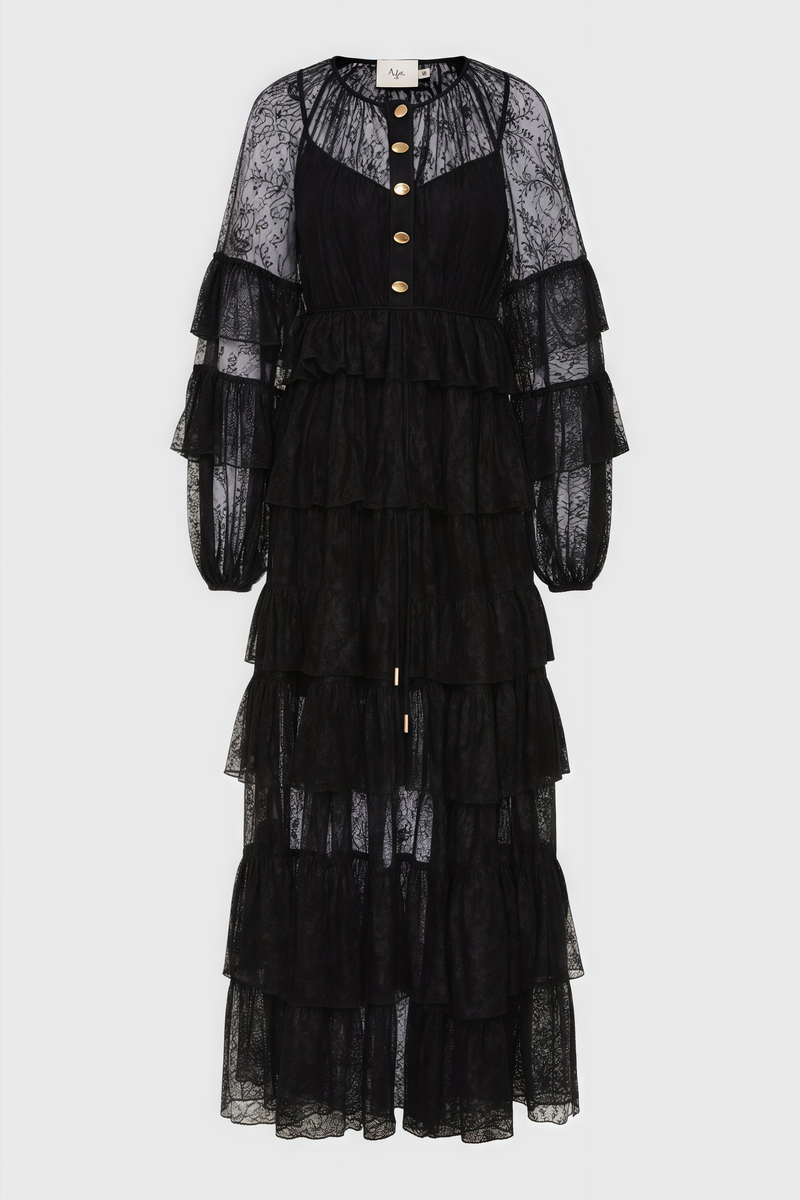 Varekx Black Round Neck Lace Maxi Dress