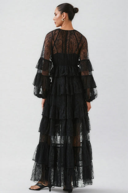 Varekx Black Round Neck Lace Maxi Dress
