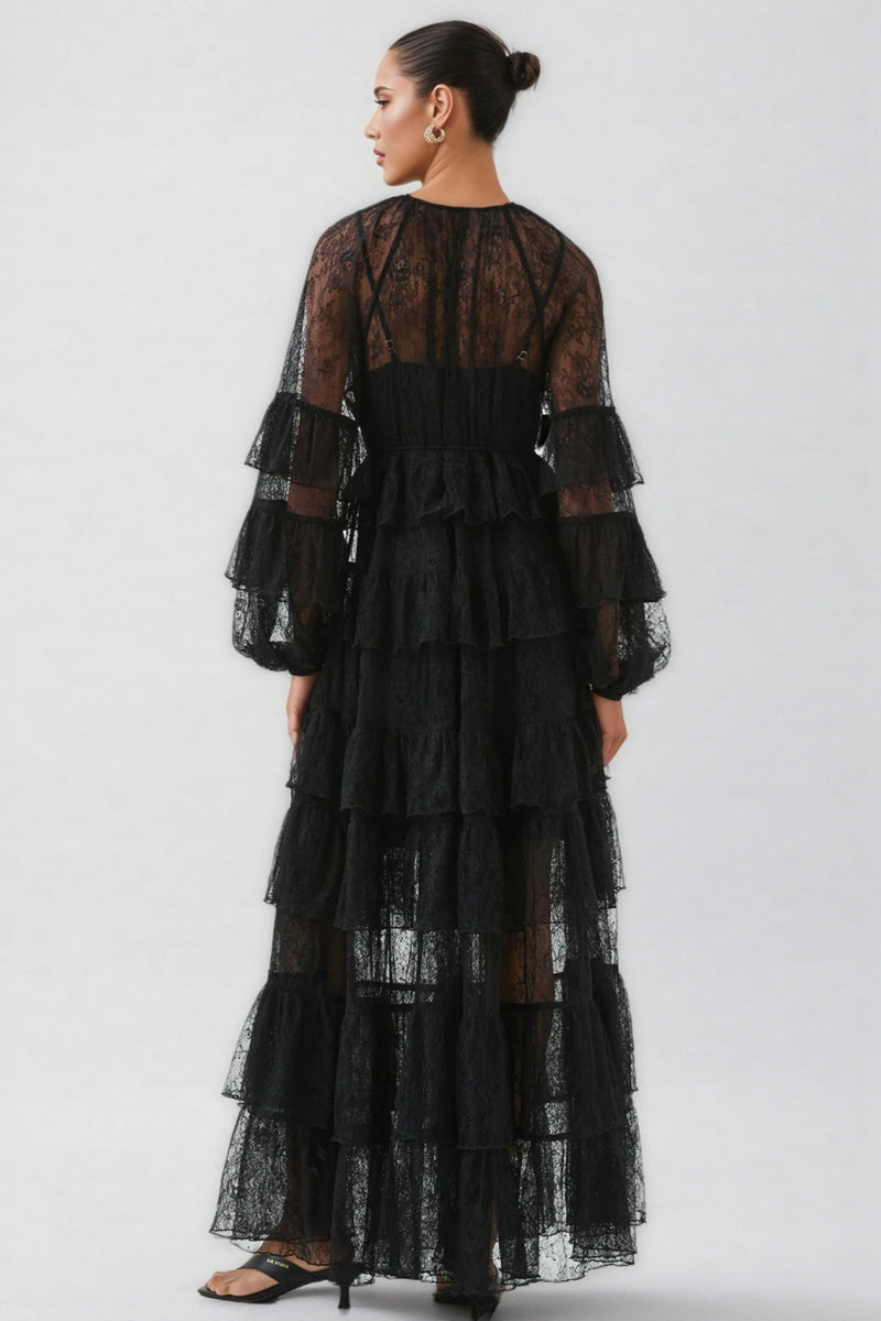 Varekx Black Round Neck Lace Maxi Dress