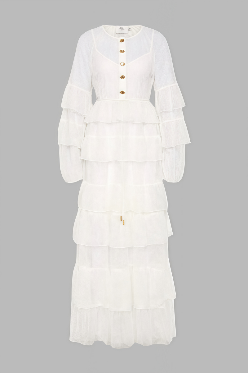 Wintk White Round Neck Lace Maxi Dress