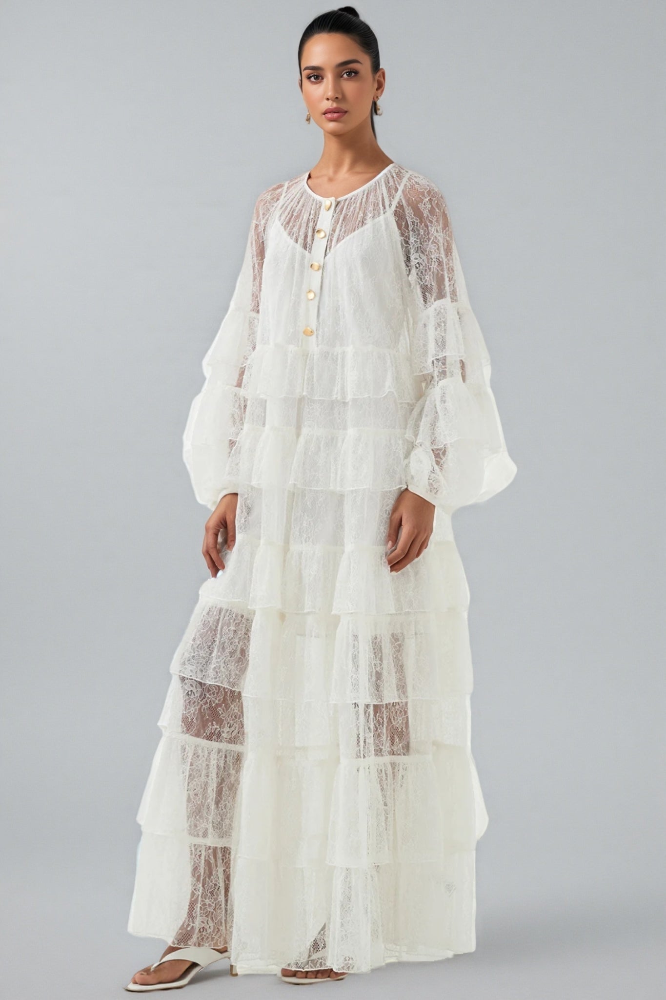 Wintk White Round Neck Lace Maxi Dress