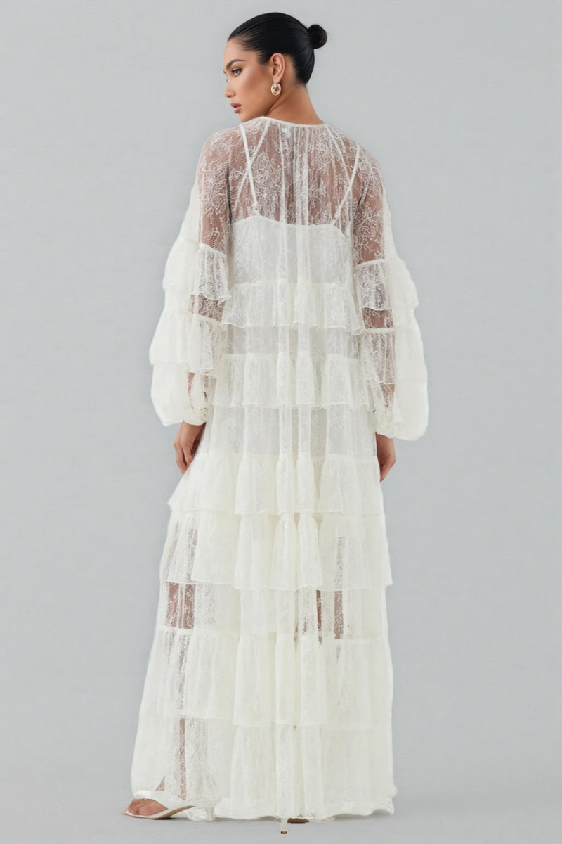 Wintk White Round Neck Lace Maxi Dress