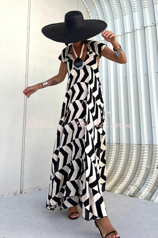 Fresh Breeze Unique Print Ruffle Sleeve A-line Maxi Dress