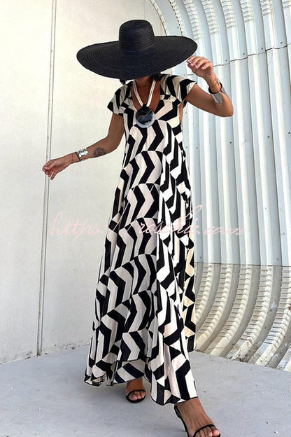 Fresh Breeze Unique Print Ruffle Sleeve A-line Maxi Dress