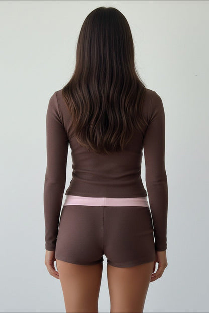 Cross V Neck Contrast Slim Long Sleeve Two Piece Set