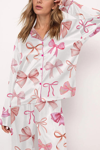 Stylish Bow-print Long-sleeved Shirt and Elastic-waisted Wide-leg Pants Set