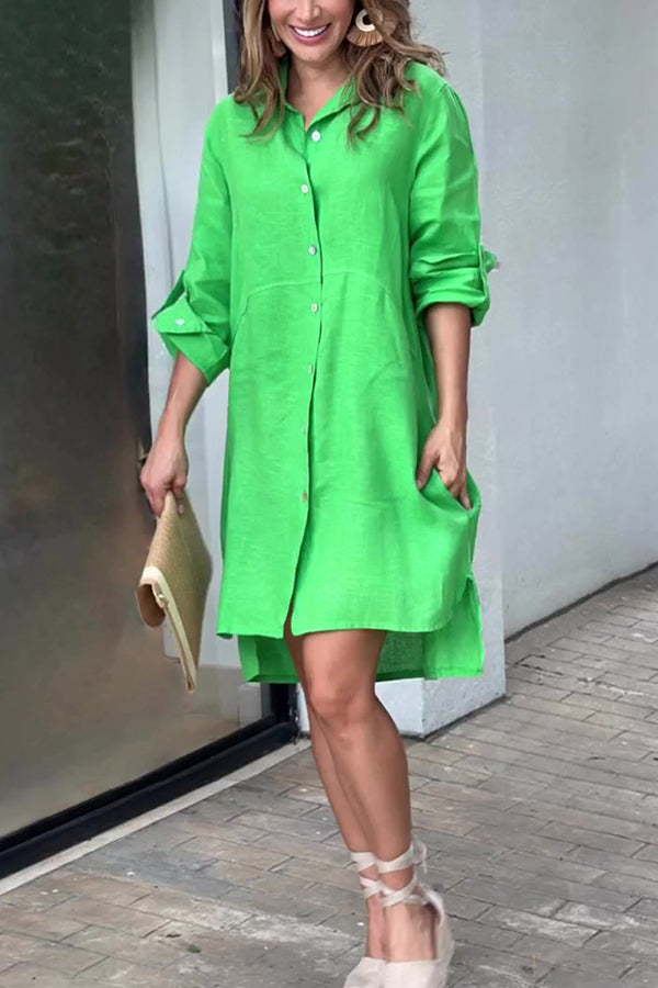 Linen Blend Long Sleeve Button-down Shirt Style Mini Dress