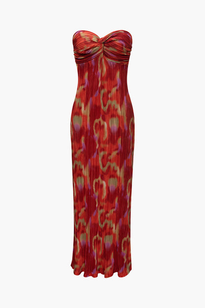 Abstract Print Plisse Strapless Slim Maxi Dress