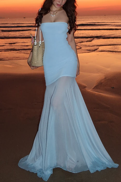 Moxidress Strapless Mesh Splice Bodycon Maxi Dress