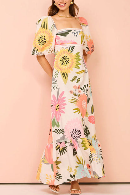 Moxidress Square Collar Puff Sleeves Print Cotton Linen Ruffle Maxi Dress