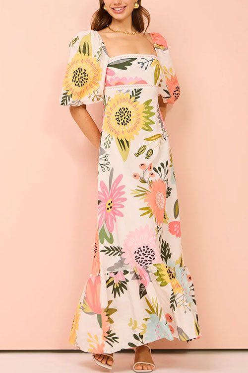 Square Collar Puff Sleeves Print Cotton Linen Ruffle Maxi Dress