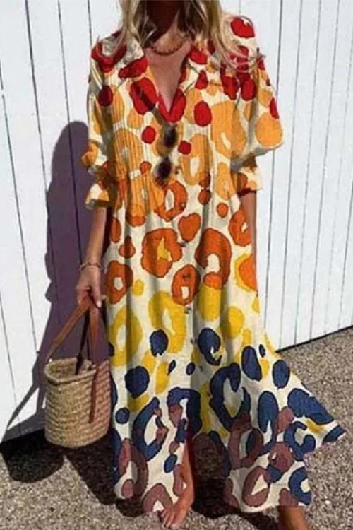 Ruched Button Down Balloon Sleeves Printed Maxi Dress